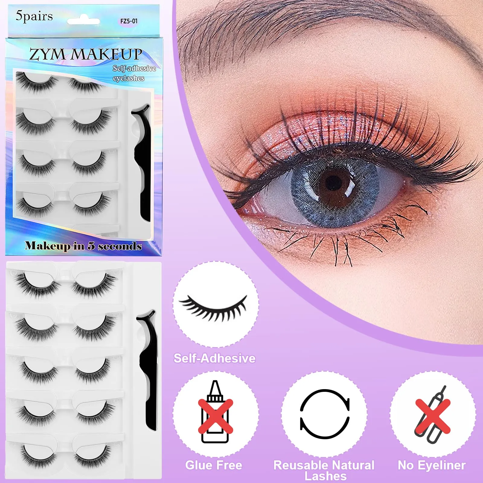 10 Pcs Self Adhesive Eyelashes, Reusable Self Adhesive False Eyelashes, Waterproof Natural Look, No Glue Wispy Eyelashes with Tweezers, Press On Eyelashes Adhesive Lashes for Beginners #01