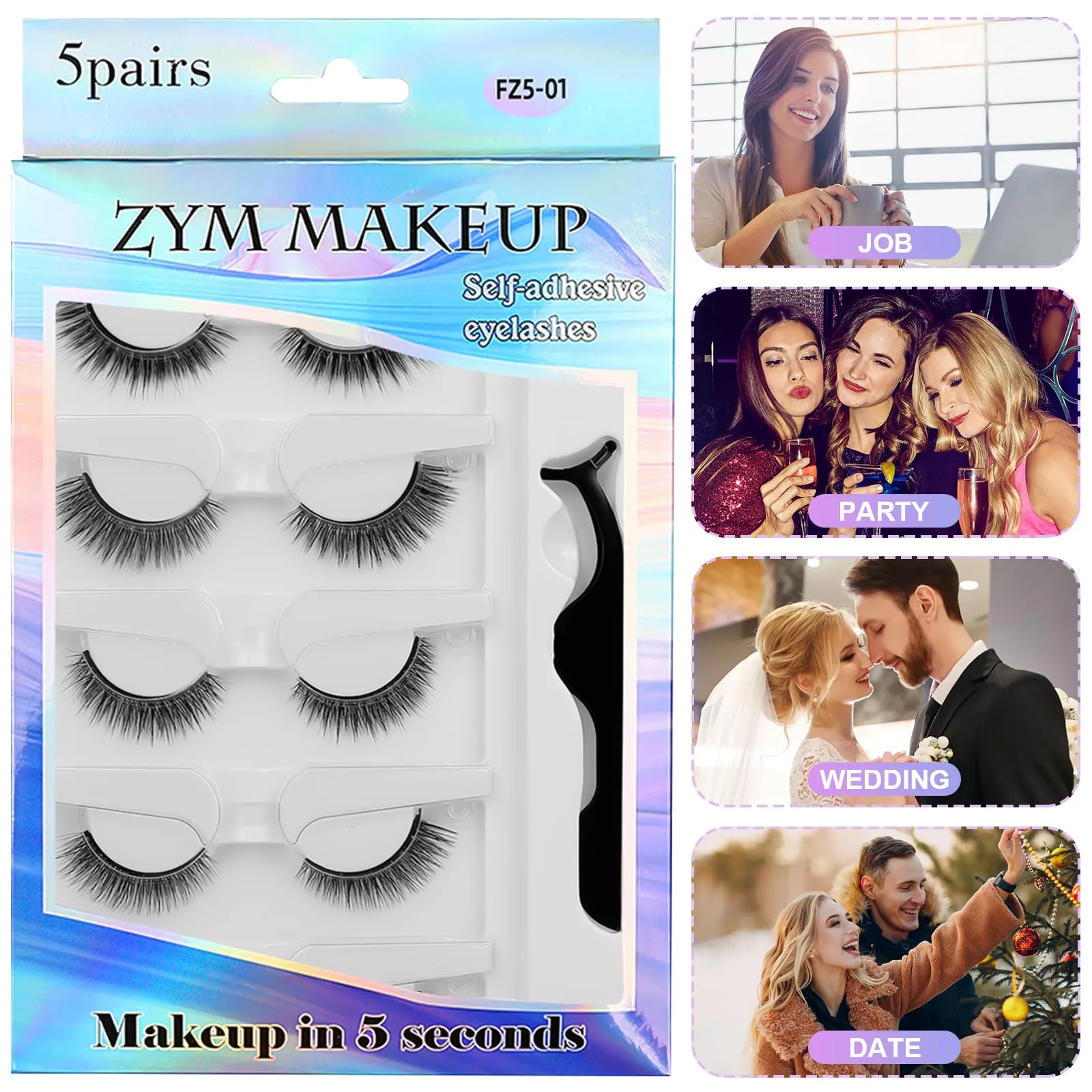 10 Pcs Self Adhesive Eyelashes, Reusable Self Adhesive False Eyelashes, Waterproof Natural Look, No Glue Wispy Eyelashes with Tweezers, Press On Eyelashes Adhesive Lashes for Beginners #01