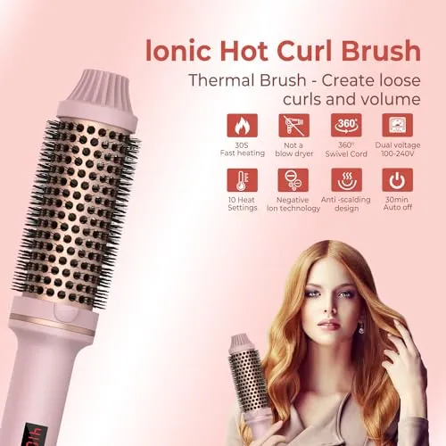 1.5 in Thermal Brush, 10 Temps LCD Display Up to 410°F Curling Brush Curling Iron Heated Curling Brush, 110-240V Travel Curling Iron Curling Comb, Double PTC Ceramic Tourmaline Ionic Volumizing Brush