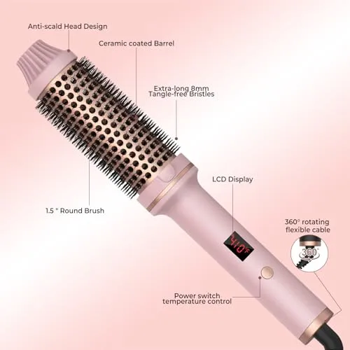 1.5 in Thermal Brush, 10 Temps LCD Display Up to 410°F Curling Brush Curling Iron Heated Curling Brush, 110-240V Travel Curling Iron Curling Comb, Double PTC Ceramic Tourmaline Ionic Volumizing Brush