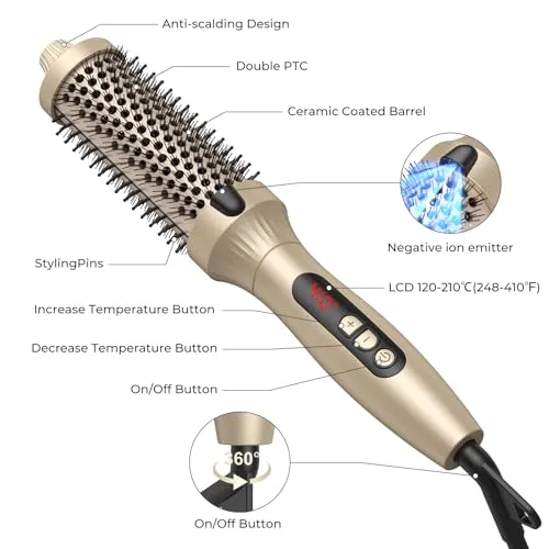 1.5 in Thermal Brush, 10 Temps LCD Display Up to 410°F Curling Brush Curling Iron Heated Curling Brush, Double PTC Ceramic Tourmaline Ionic Volumizing Brush 110-240V Heated Round Brush Curling Comb
