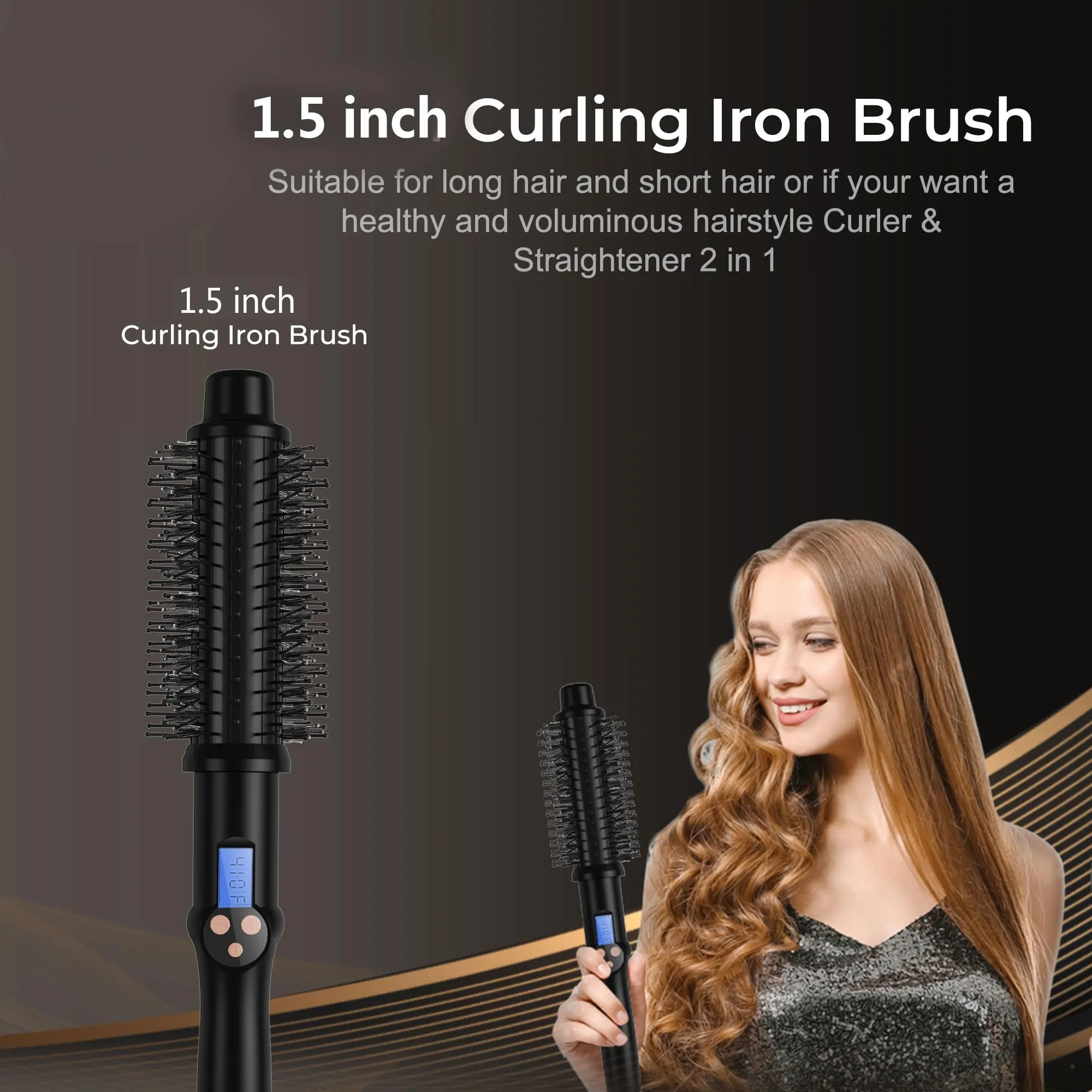 1.5 inch Thermal Brush, 11 Temp Setting Heated Round Brush Curling Iron, LCD Display 230°F-410°F Hot Styler Curling Iron Brush Volumizing Brush, Ceramic Ionic Curling Comb 110-240V Travel Curling Iron
