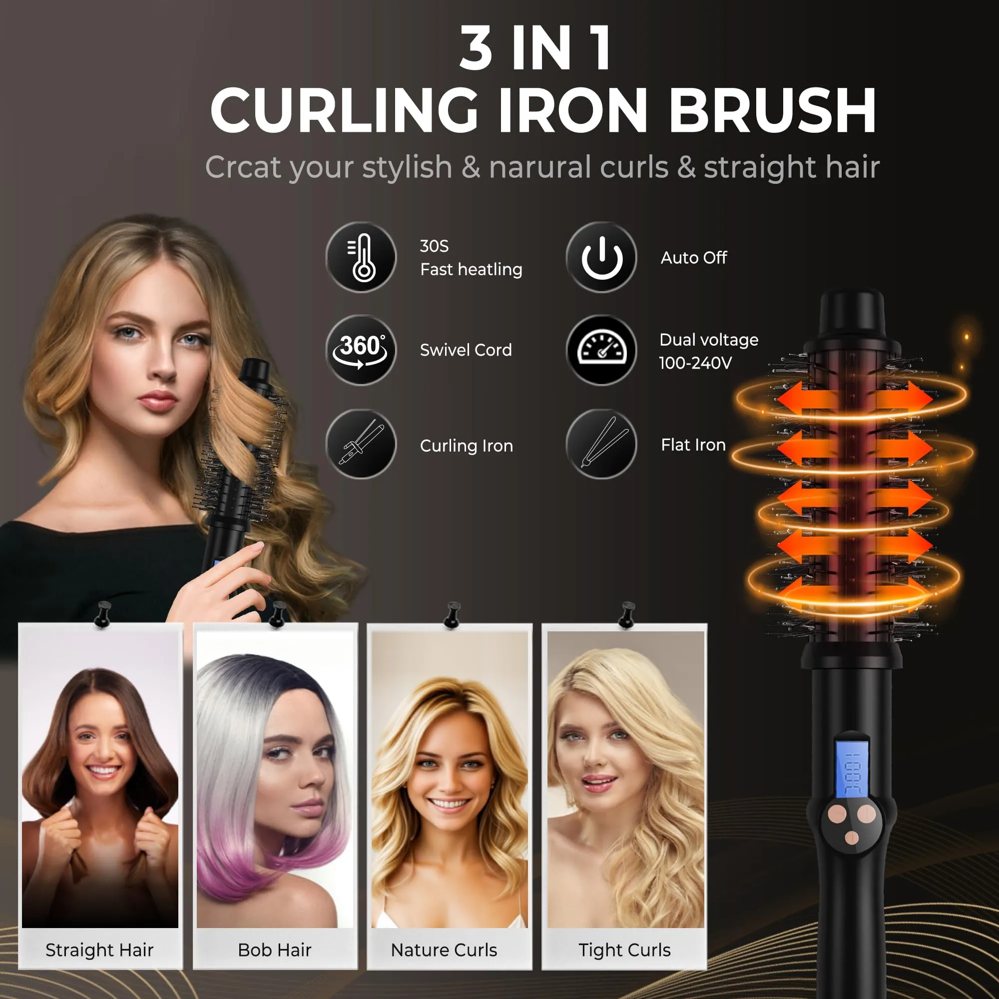 1.5 inch Thermal Brush, 11 Temp Setting Heated Round Brush Curling Iron, LCD Display 230°F-410°F Hot Styler Curling Iron Brush Volumizing Brush, Ceramic Ionic Curling Comb 110-240V Travel Curling Iron