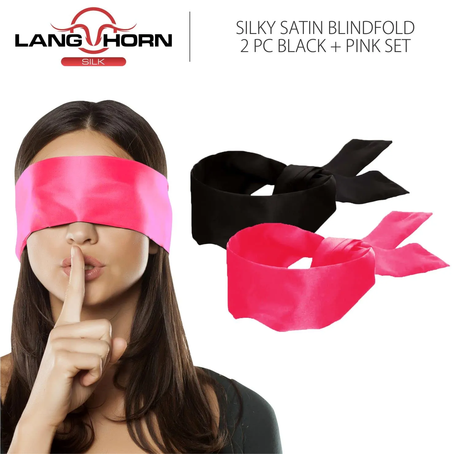 2 pcs Silk Satin Blindfold Eye Cover Silk Sleeping mask Valentine Gift 155cm / 62” (Black Bright Pink) Black bright Pink