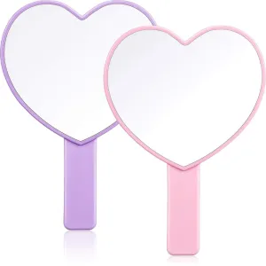 2 Pieces Heart-Shaped Handheld Mirrors Travel Makeup Mirrors Mini Cosmetic Mirror with Handle Small Heart Mirrors Decorative Hand Held Mirror for Women Girls Valentine's Day, 2 Colors
