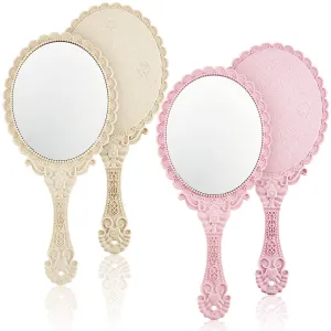 2 Pieces Vintage Handheld Mirror Portable Embossed Flower Mirror Hand Held Decorative Mirrors Compact Mirror with Handle for Face Makeup Travel Personal Cosmetic Salon Mirror (Pink, Cream) Pink, Cream
