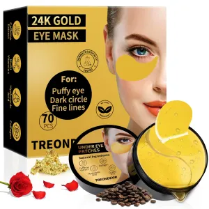 24K Gold Eye Masks for Dark Circles and Puffiness 70PCS, Under Eye Patches Gel Pads for Puffy Eyes Treatment w/Collagen, Caffeine, Peptides for Eye Bags Treatment, Gel Eye Mask Skincare 7.05 Ounce (Pack of 1)