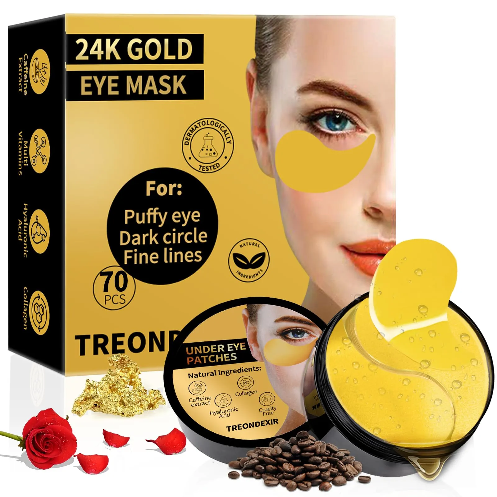 24K Gold Eye Masks for Dark Circles and Puffiness 70PCS, Under Eye Patches Gel Pads for Puffy Eyes Treatment w/Collagen, Caffeine, Peptides for Eye Bags Treatment, Gel Eye Mask Skincare 7.05 Ounce (Pack of 1)