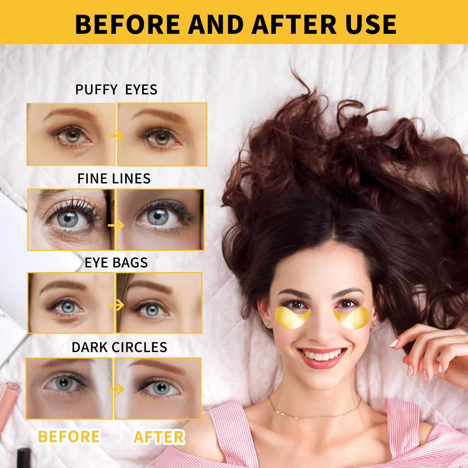 24K Gold Eye Masks for Dark Circles and Puffiness 70PCS, Under Eye Patches Gel Pads for Puffy Eyes Treatment w/Collagen, Caffeine, Peptides for Eye Bags Treatment, Gel Eye Mask Skincare 7.05 Ounce (Pack of 1)