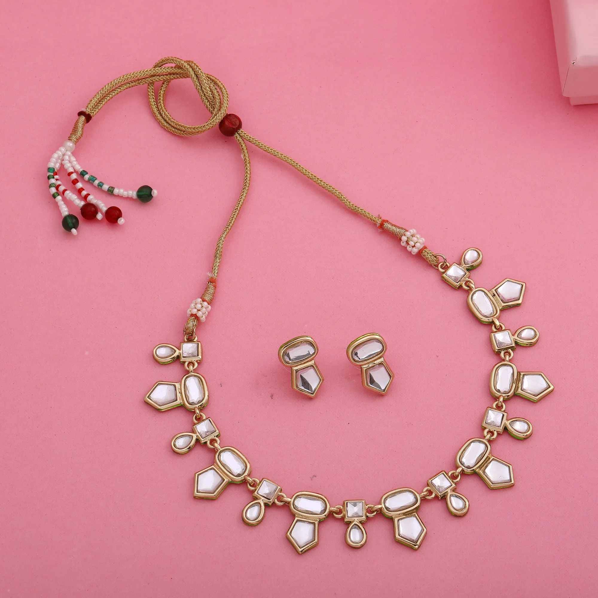 24Kt Gold Plated Kundan Fancy Necklace Traditional Jewellery Set With Earrings