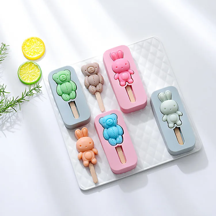 2PC Silicone Mold Rabbit Bear Shape Silicone Mold Ice Tray Ice Cream Stick Mold