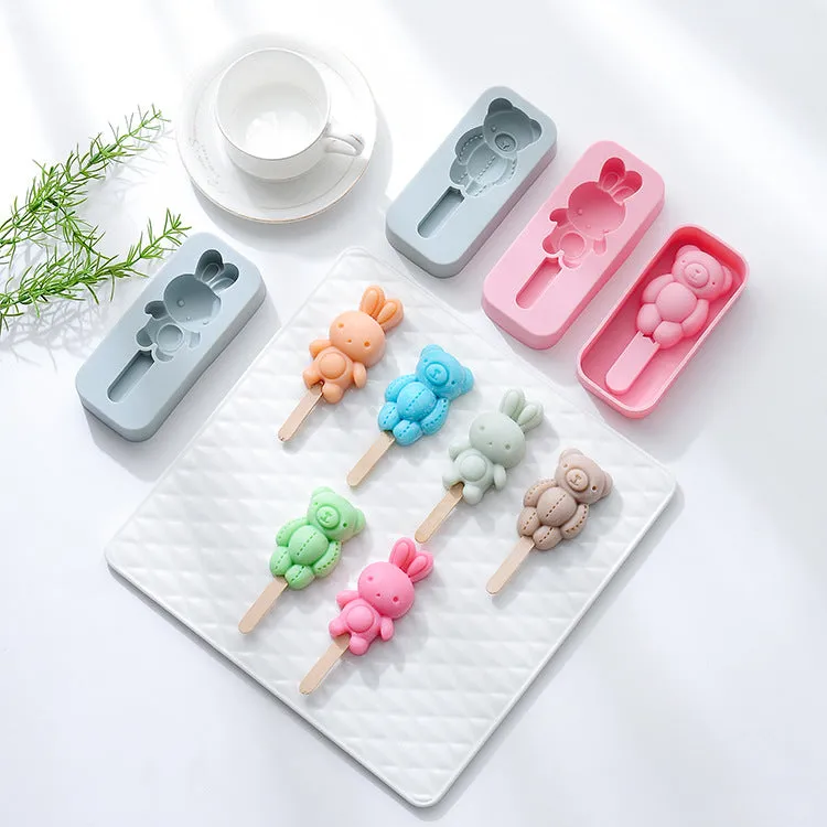 2PC Silicone Mold Rabbit Bear Shape Silicone Mold Ice Tray Ice Cream Stick Mold