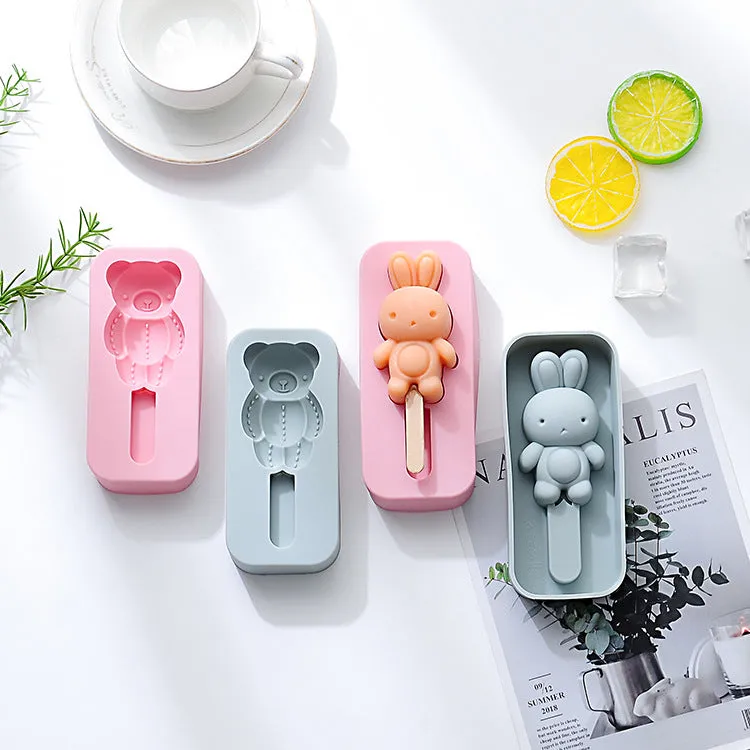 2PC Silicone Mold Rabbit Bear Shape Silicone Mold Ice Tray Ice Cream Stick Mold