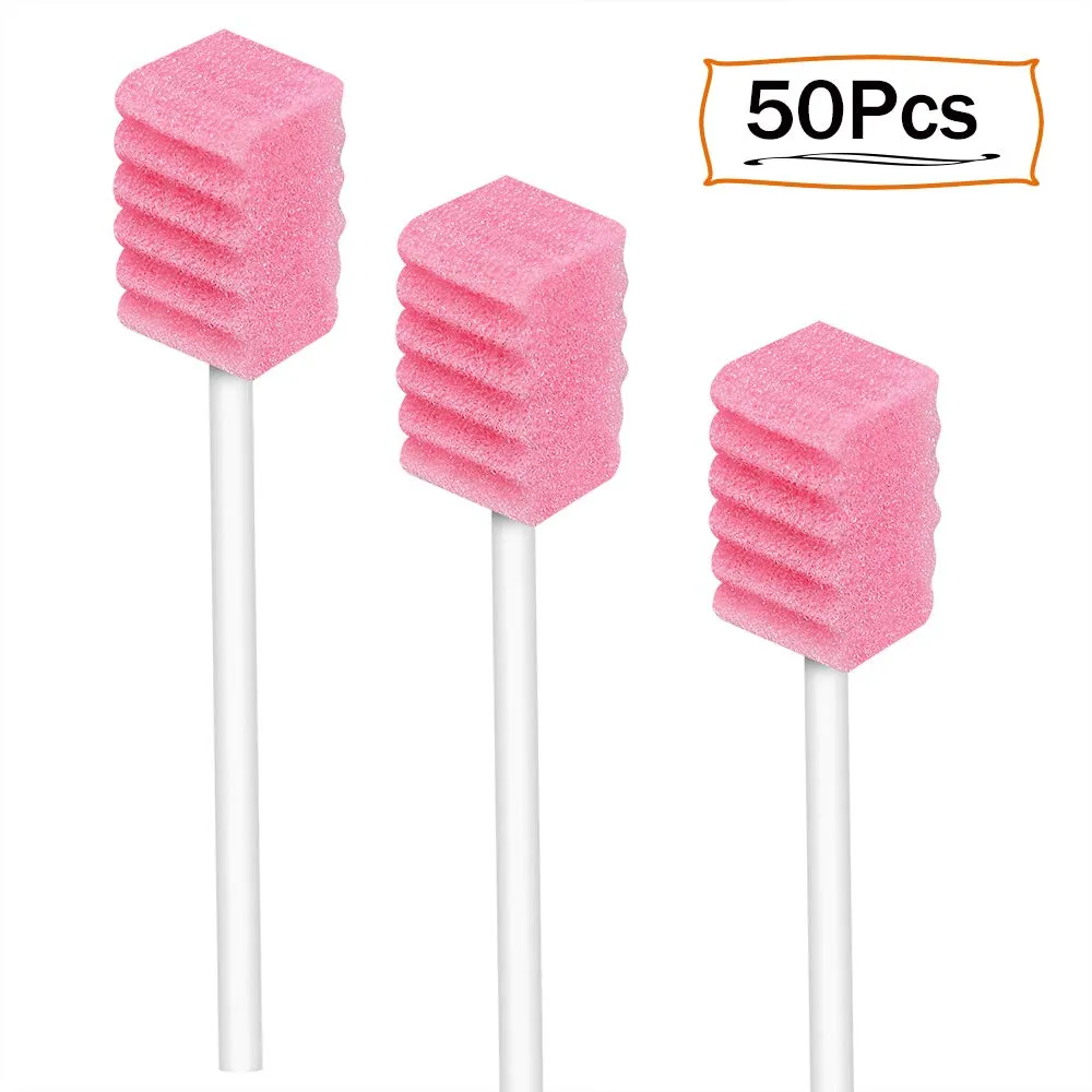 (50 Pack) Disposable Oral Swabs, Sterile Dental Sponge Swabsticks Unflavored for Mouth & Gum Cleaning 50pcs-tooth Pink