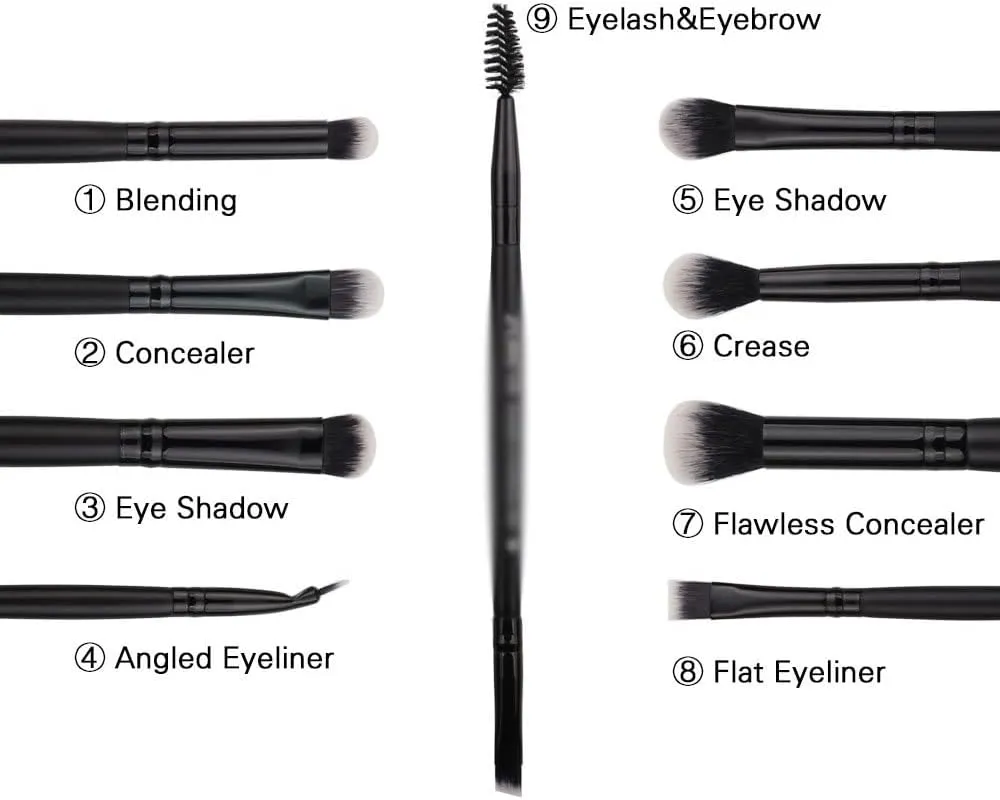 9-piece Artificial Fiber Cosmetic Cover Brush Black Wood Handle Eye Shadow Brush Set