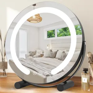 ALHAKIN 13 inch Vanity Mirror with Lights, LED Makeup Mirror with Lights, Smart Touch Control 3 Colors Dimmable Round Lighted Makeup Mirror for Bedroom Tabletop (Black)
