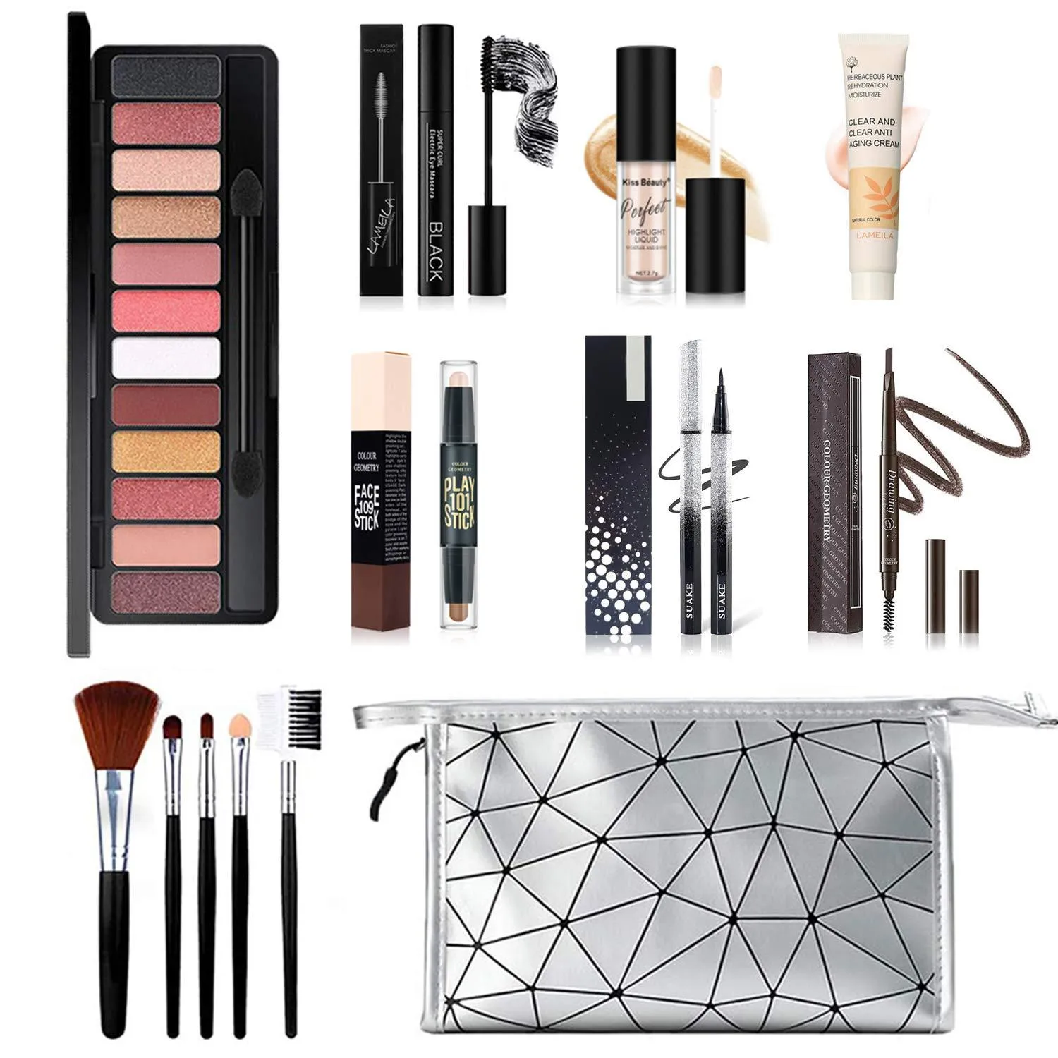 All in One Makeup Kit, 12 Colors Eyeshadow Palette, 5PCS Brush Set, Eyebrow Pencil, Eyeliner & Mascara, Contour Foundation Stick, Makeup Primer and Liquid Highlighter With Cosmetic Bag Makeup Set