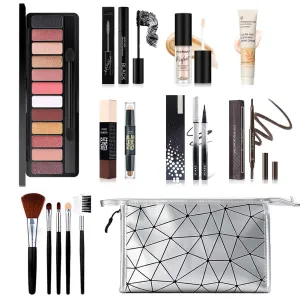 All in One Makeup Kit, 12 Colors Eyeshadow Palette, 5PCS Brush Set, Eyebrow Pencil, Eyeliner & Mascara, Contour Foundation Stick, Makeup Primer and Liquid Highlighter With Cosmetic Bag Makeup Set