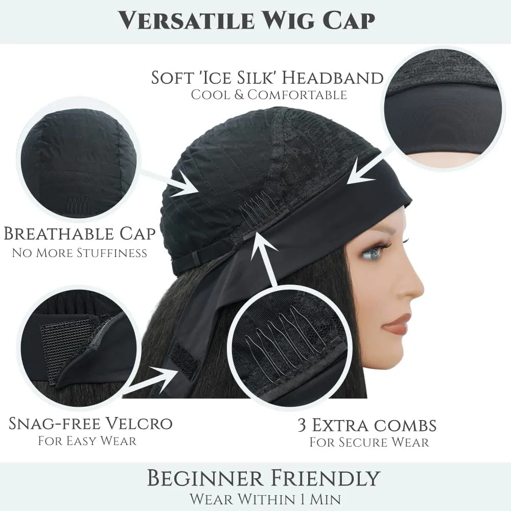 Aminow Kinky Straight Headband Wig, Soft & Natural as Human Hair, Glueless Headband Wigs for Black Women, Long Black Italian Yaki Synthetic Half Wig (1B Natural Black, 28 Inch)