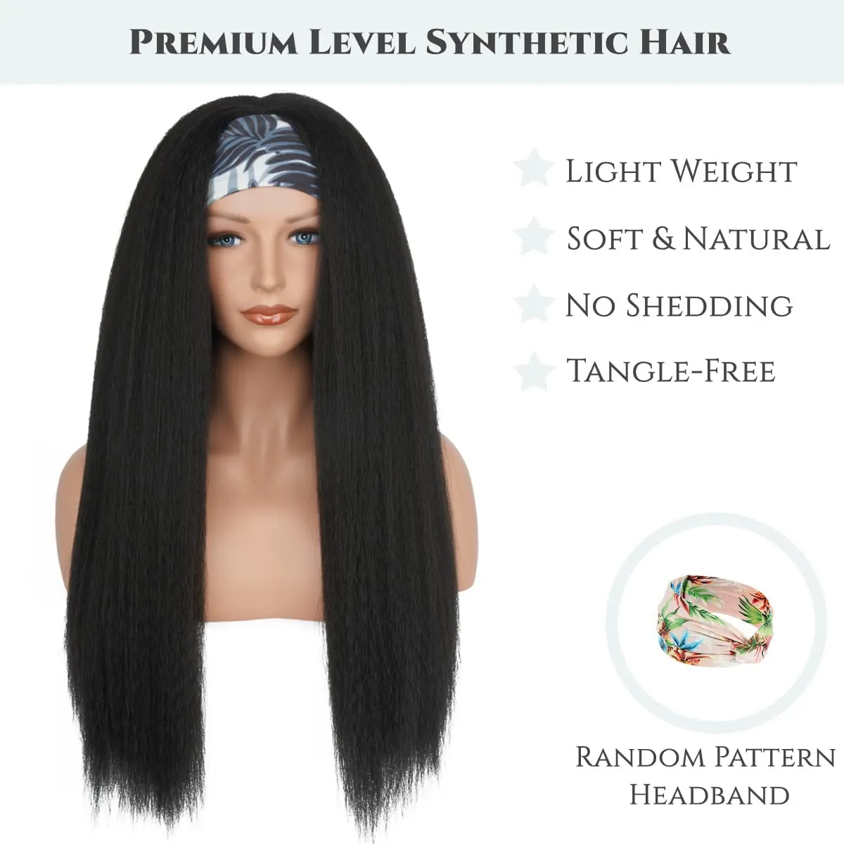 Aminow Kinky Straight Headband Wig, Soft & Natural as Human Hair, Glueless Headband Wigs for Black Women, Long Black Italian Yaki Synthetic Half Wig (1B Natural Black, 28 Inch)