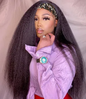 Aminow Kinky Straight Headband Wig, Soft & Natural as Human Hair, Glueless Headband Wigs for Black Women, Long Black Italian Yaki Synthetic Half Wig (1B Natural Black, 28 Inch)