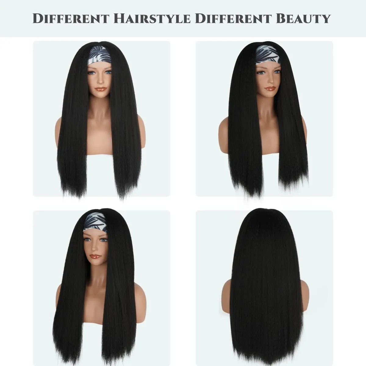 Aminow Kinky Straight Headband Wig, Soft & Natural as Human Hair, Glueless Headband Wigs for Black Women, Long Black Italian Yaki Synthetic Half Wig (1B Natural Black, 28 Inch)