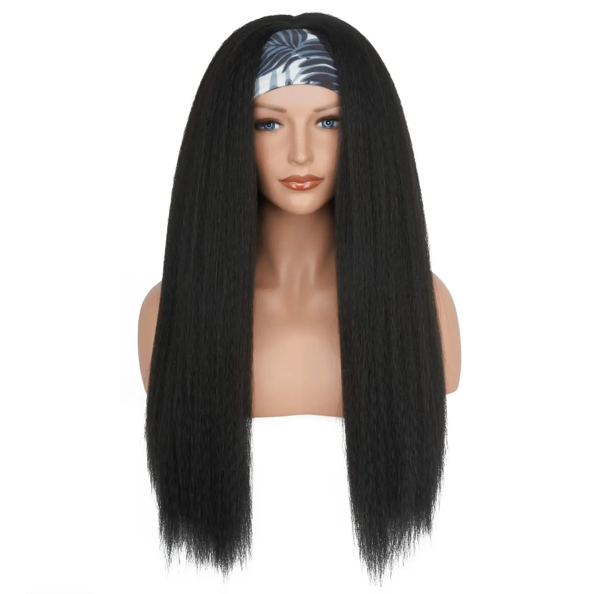 Aminow Kinky Straight Headband Wig, Soft & Natural as Human Hair, Glueless Headband Wigs for Black Women, Long Black Italian Yaki Synthetic Half Wig (1B Natural Black, 28 Inch)