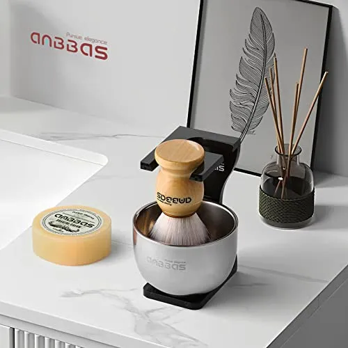 Anbbas Shaving Brush Synthetic Badger and 100g Shaving Soap with Bowl Stainless Steel,Black Acrylic Shaving Stand Holer for Man Wet Shave Kit