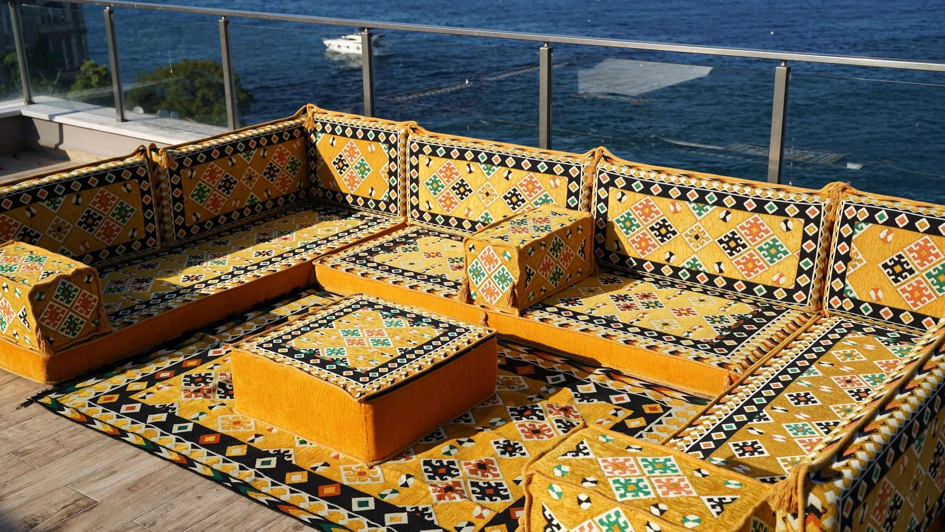 Arabic Floor Sofa Set, Yellow Floor Cushions, Balcony Patio Sofas, Pallet Sofa, Ethnic Sofa, Moroccan Sofas, U Shaped Sofas