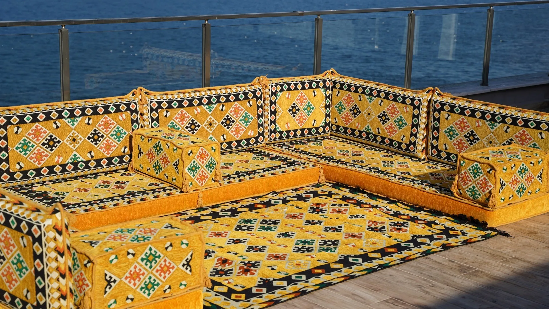 Arabic Floor Sofa Set, Yellow Floor Cushions, Balcony Patio Sofas, Pallet Sofa, Ethnic Sofa, Moroccan Sofas, U Shaped Sofas