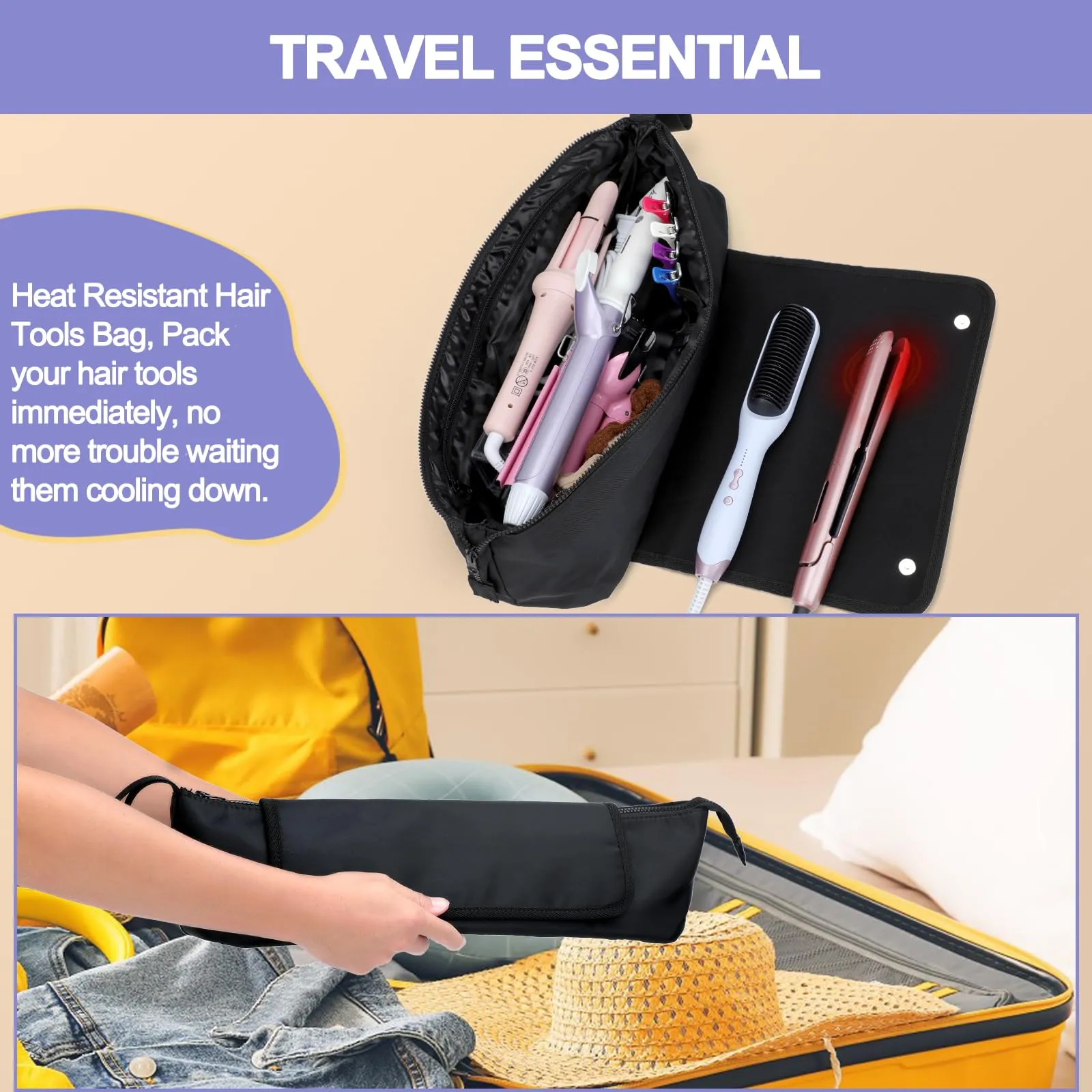 BAQRAXIA Travel Essentials Neoprene Hair Style Tools Bag w/Fireproof Mat for Flat or Curling Irons, Straighteners Accessories, Gifts for Women Mom Daughter Sister Friends for Birthday (Black-18INCH)