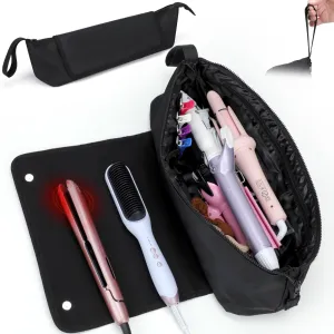 BAQRAXIA Travel Essentials Neoprene Hair Style Tools Bag w/Fireproof Mat for Flat or Curling Irons, Straighteners Accessories, Gifts for Women Mom Daughter Sister Friends for Birthday (Black-18INCH)