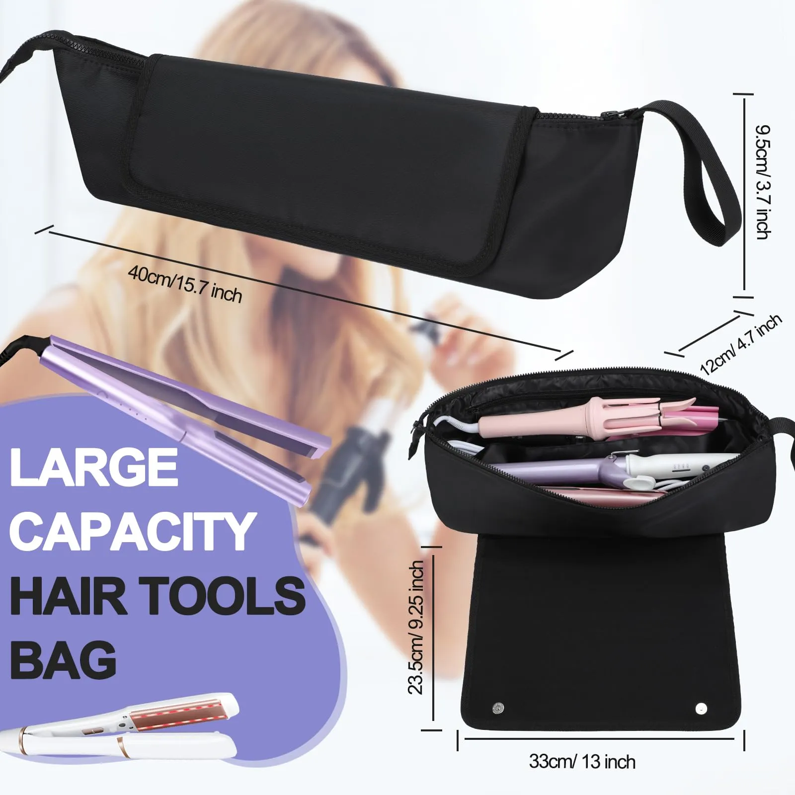BAQRAXIA Travel Essentials Neoprene Hair Style Tools Bag w/Fireproof Mat for Flat or Curling Irons, Straighteners Accessories, Gifts for Women Mom Daughter Sister Friends for Birthday (Black-18INCH)