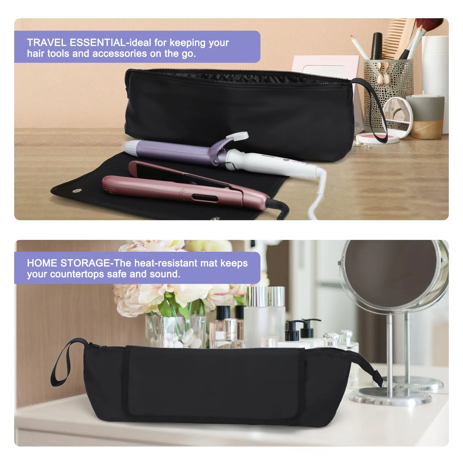 BAQRAXIA Travel Essentials Neoprene Hair Style Tools Bag w/Fireproof Mat for Flat or Curling Irons, Straighteners Accessories, Gifts for Women Mom Daughter Sister Friends for Birthday (Black-18INCH)