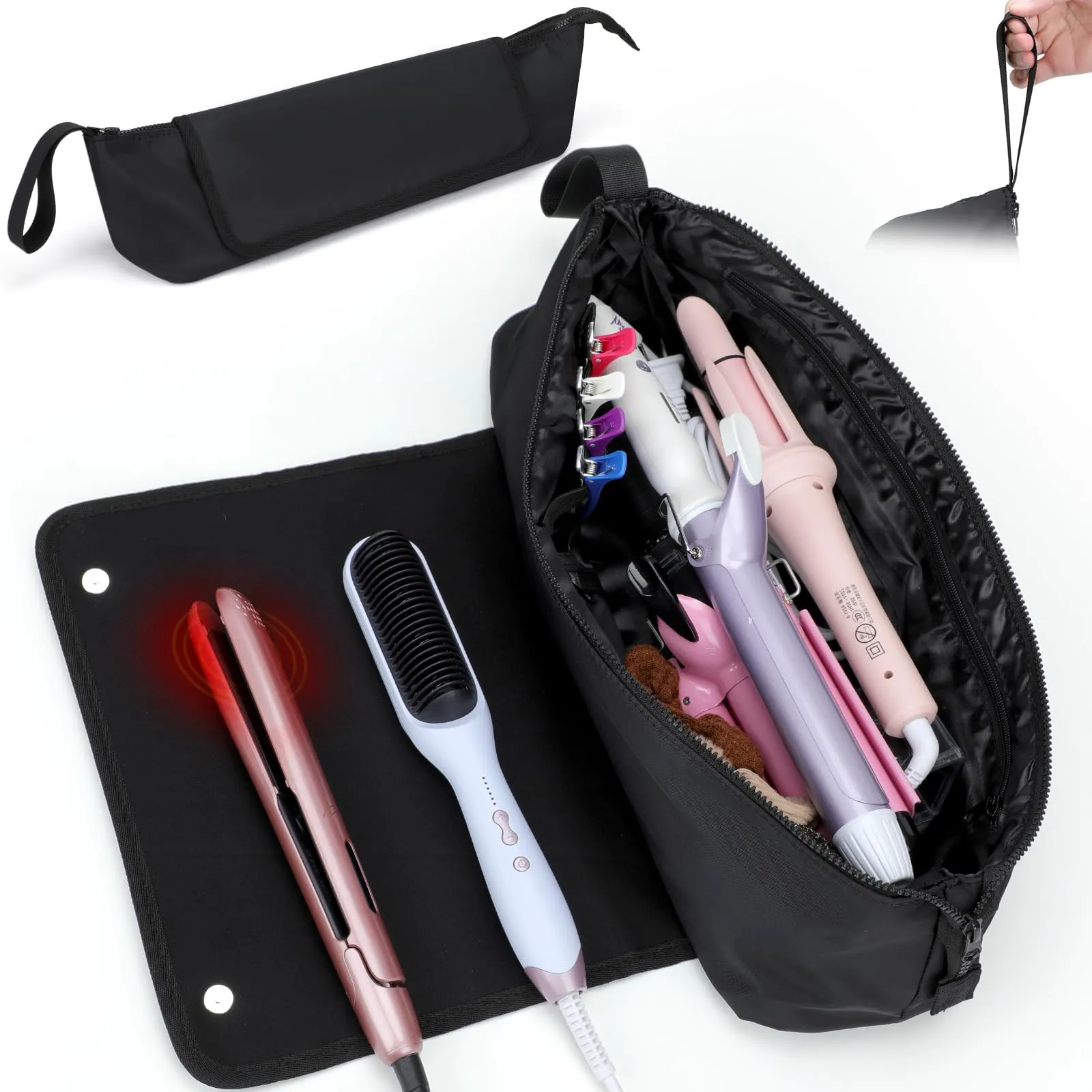 BAQRAXIA Travel Essentials Neoprene Hair Style Tools Bag w/Fireproof Mat for Flat or Curling Irons, Straighteners Accessories, Gifts for Women Mom Daughter Sister Friends for Birthday (Black-18INCH)