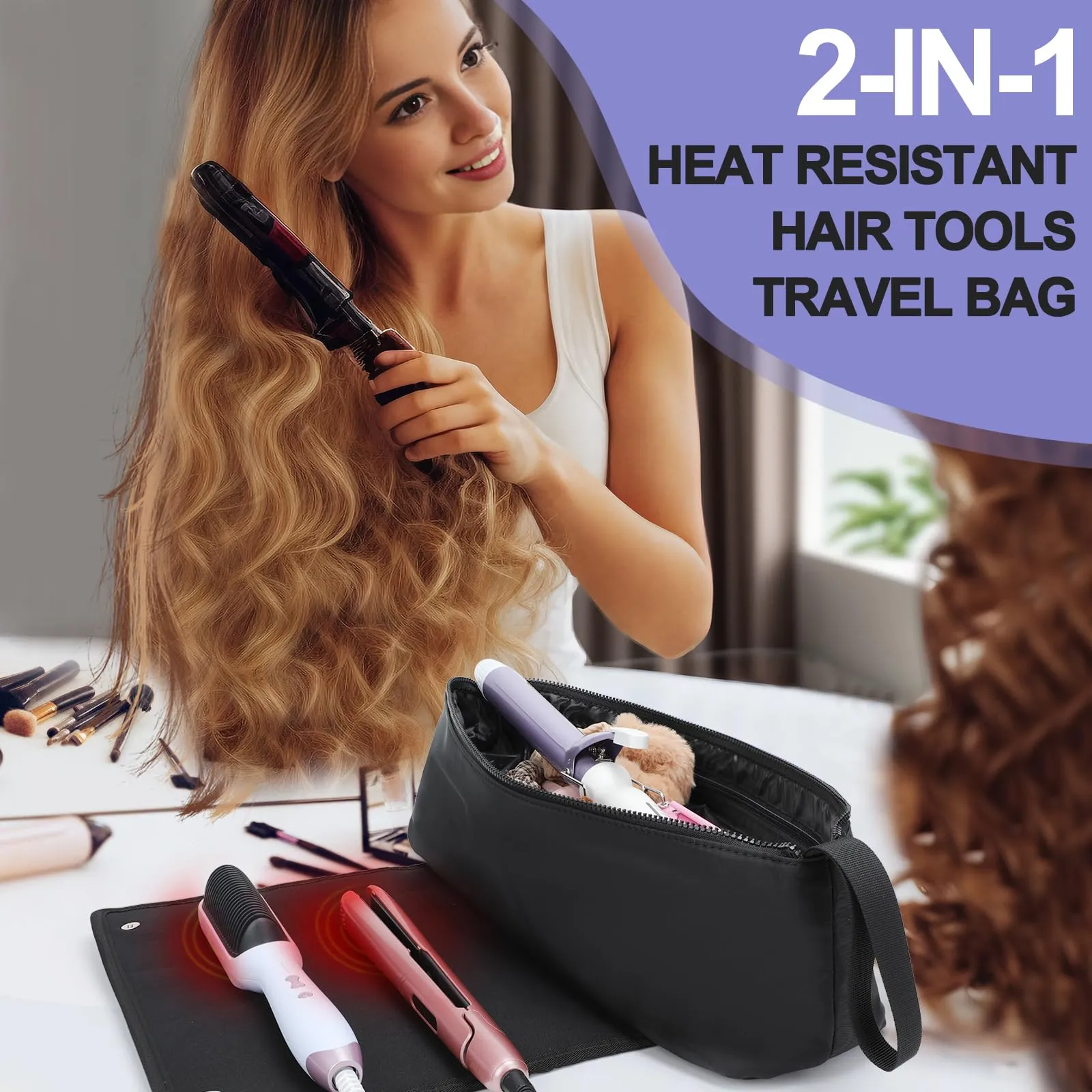 BAQRAXIA Travel Essentials Neoprene Hair Style Tools Bag w/Fireproof Mat for Flat or Curling Irons, Straighteners Accessories, Gifts for Women Mom Daughter Sister Friends for Birthday (Black-18INCH)
