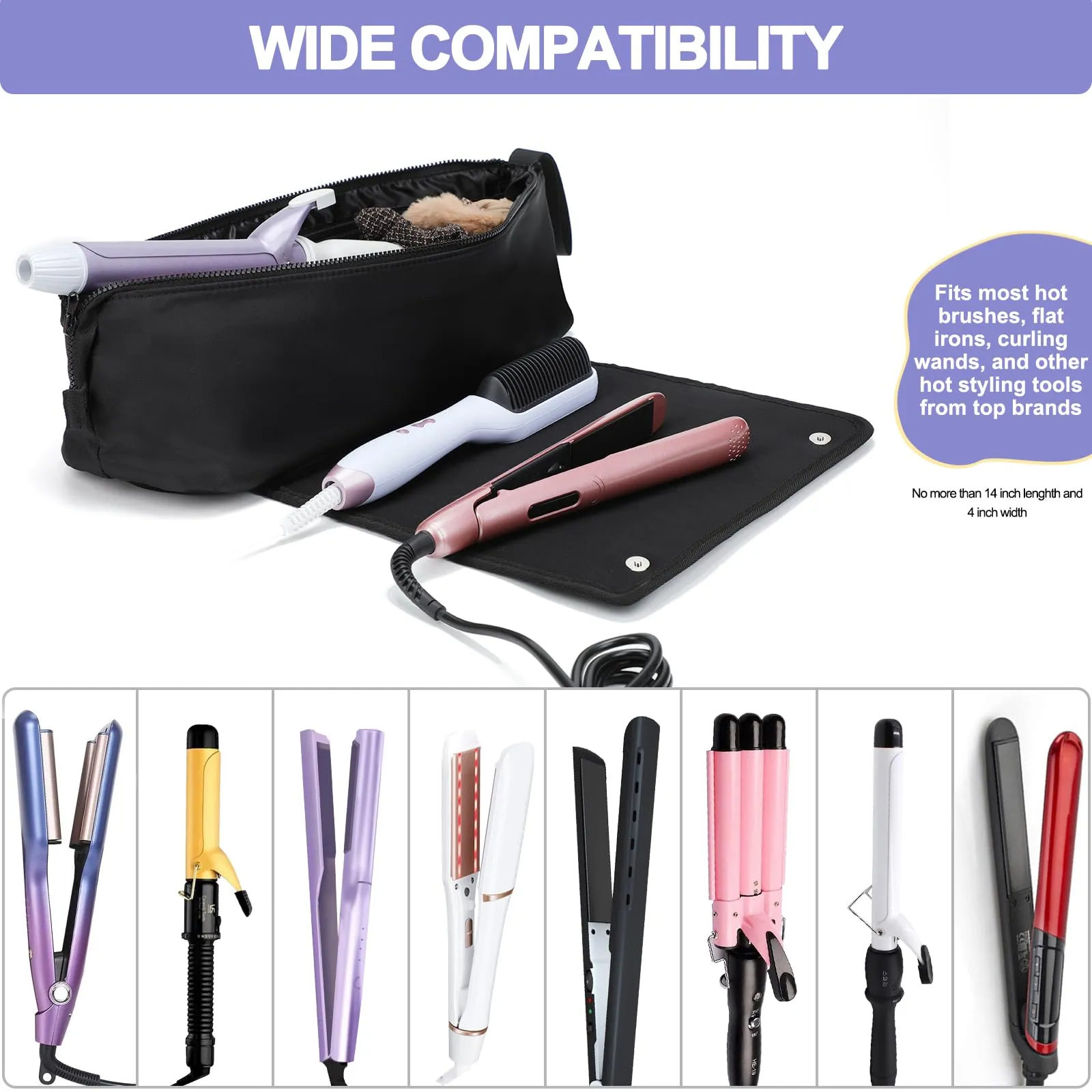 BAQRAXIA Travel Essentials Neoprene Hair Style Tools Bag w/Fireproof Mat for Flat or Curling Irons, Straighteners Accessories, Gifts for Women Mom Daughter Sister Friends for Birthday (Black-18INCH)