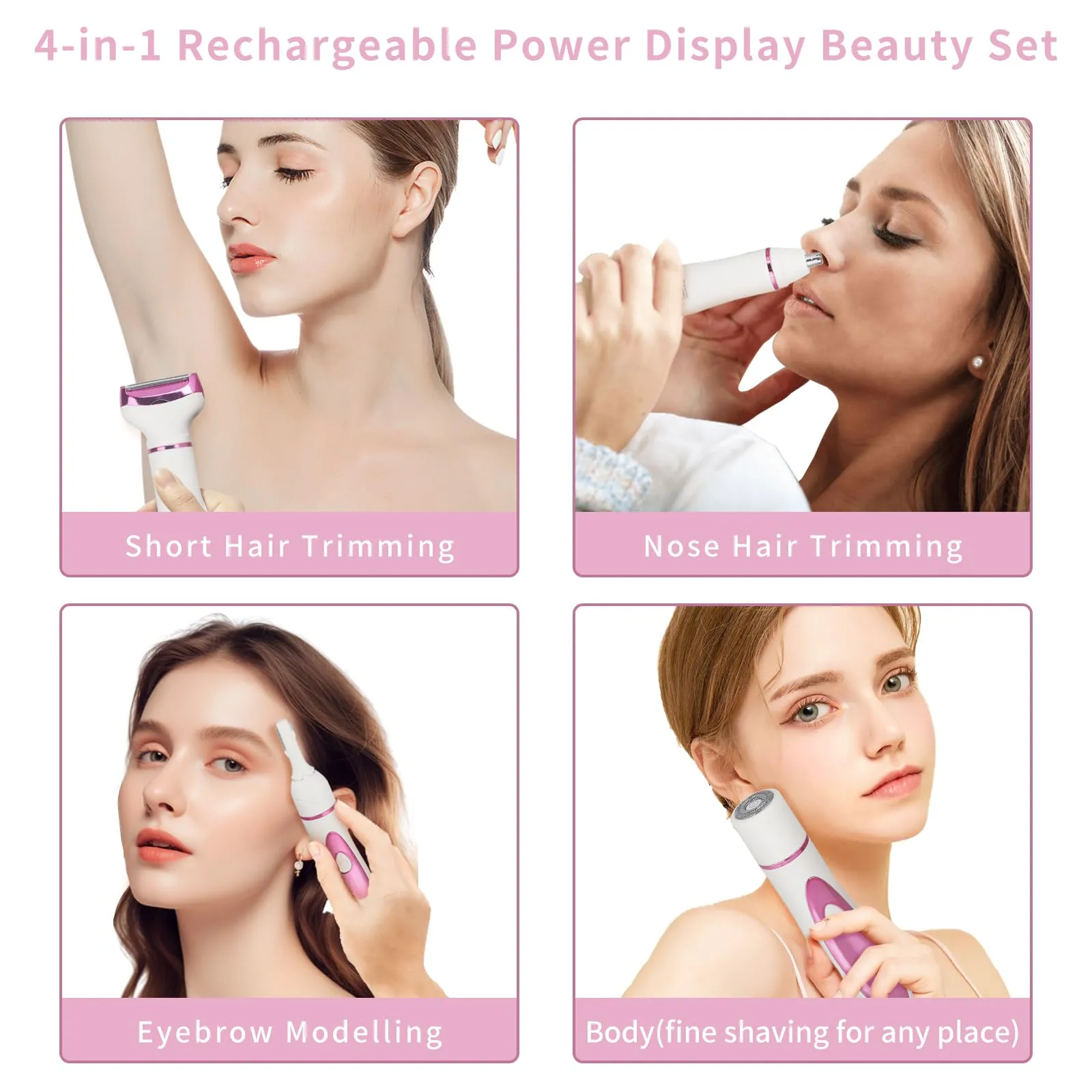 Beanify Electric Razor for Women Men,4 in 1 Painless Ladies Wet & Dry Body Razors and Facial Hair Remover,Rechargeable Led Display Hair Removal Kit for Nose Face Body Leg Bikini Arm Hair (Purple)