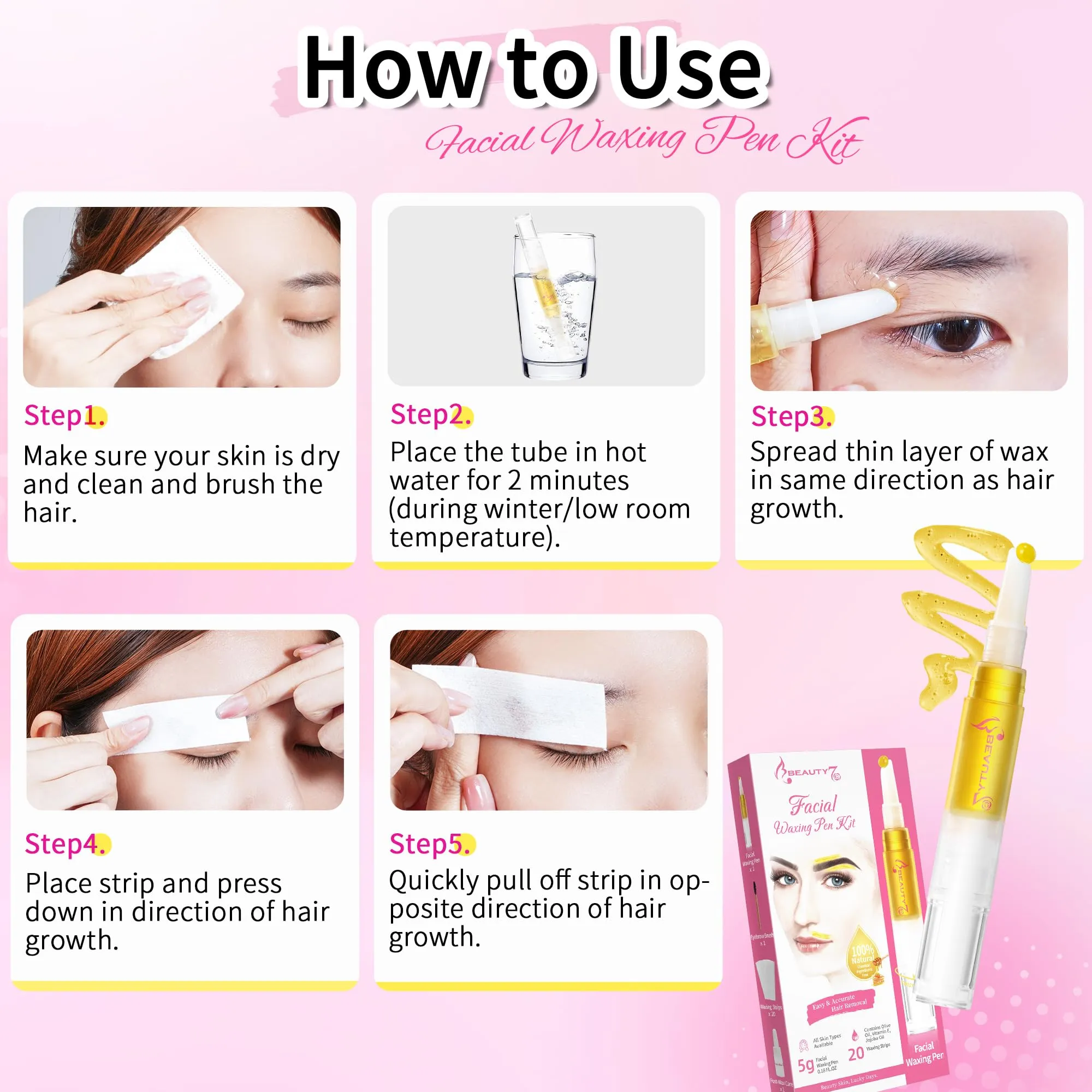 Beauty7 Wax Pen with Strips for Hair Removal Wax Removal of Eyebrows Face Facial Hair Removal Set with Wax Pen, Strips, Cleansing Oil after Waxing