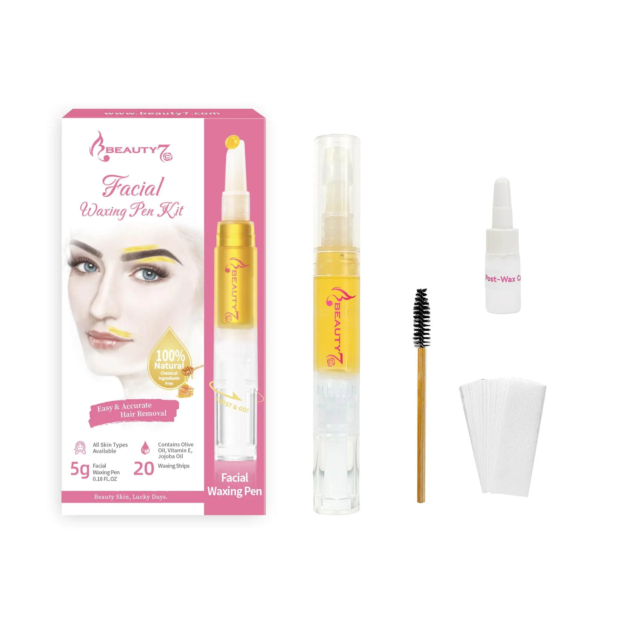 Beauty7 Wax Pen with Strips for Hair Removal Wax Removal of Eyebrows Face Facial Hair Removal Set with Wax Pen, Strips, Cleansing Oil after Waxing