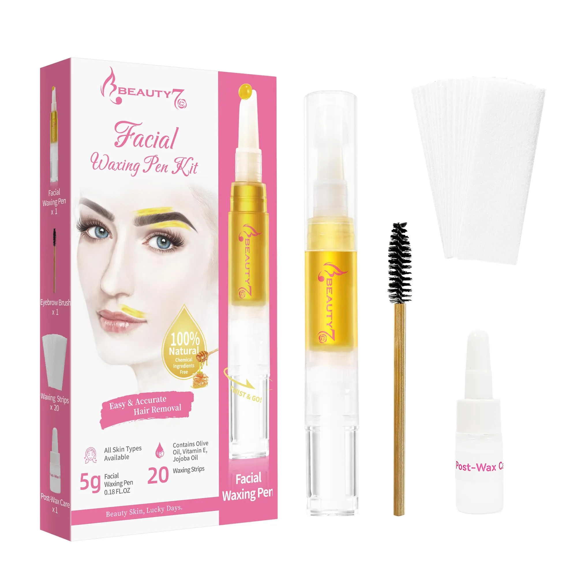 Beauty7 Wax Pen with Strips for Hair Removal Wax Removal of Eyebrows Face Facial Hair Removal Set with Wax Pen, Strips, Cleansing Oil after Waxing
