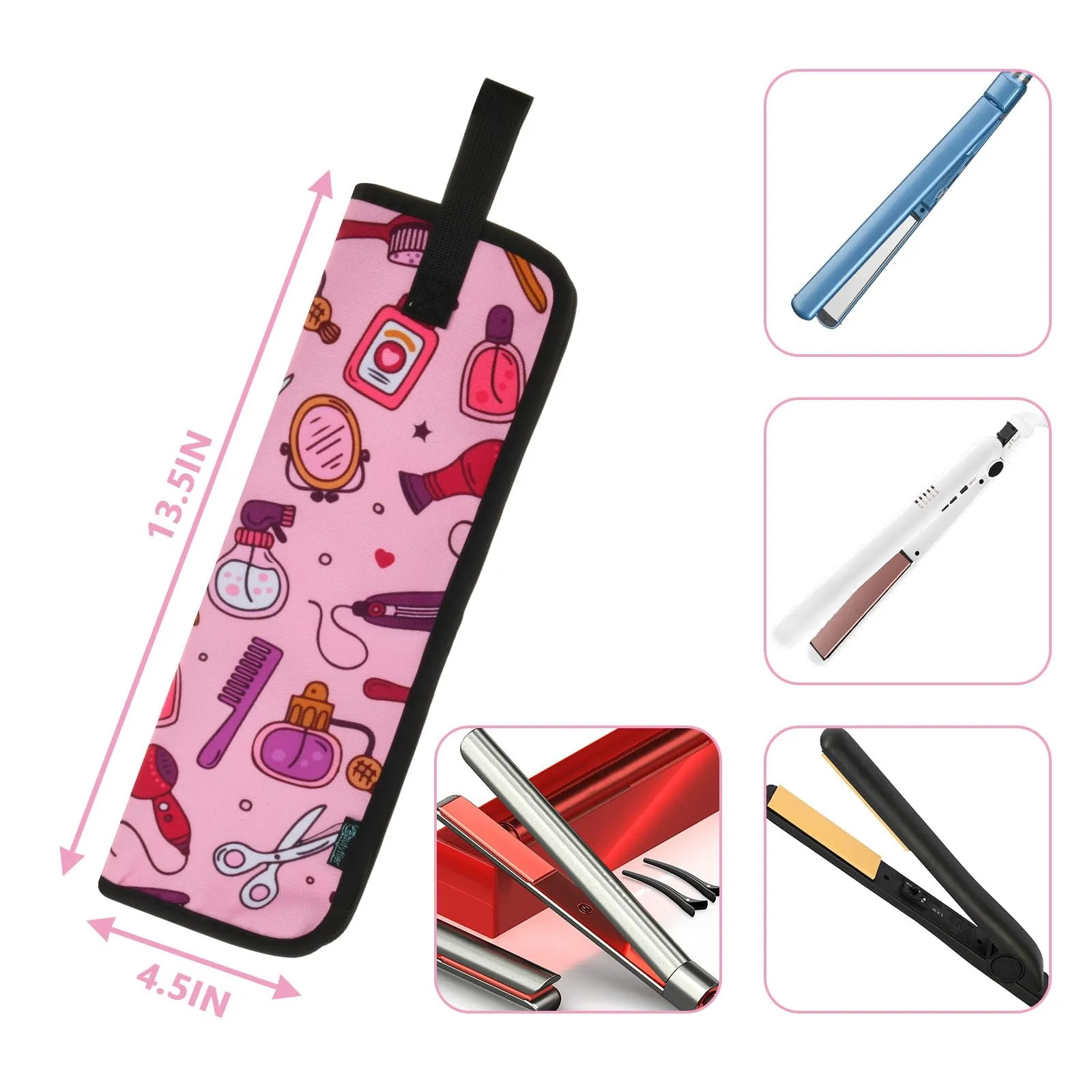 Beautyflier Premium Universal Flat Iron Holder Tavel Bag, Heat-Resistant Canvas Travel Tote Bag for Hair Straighteners, Ideal for Home & Travel Use, Fits Most Hair Tools(Pink Hair Tools)