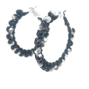 Black & Silver Beaded Black Hoop Earrings Medium