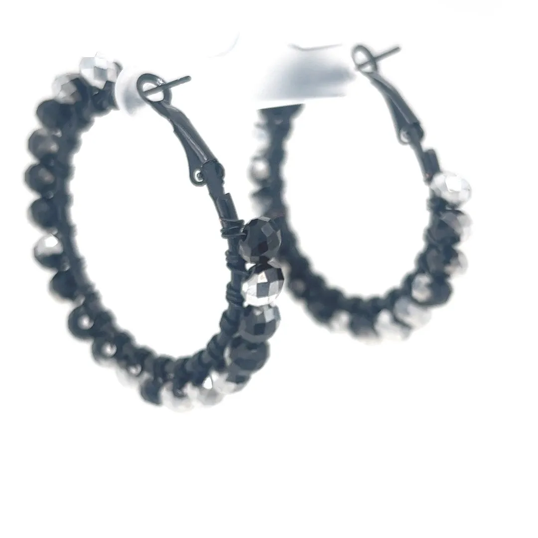 Black & Silver Beaded Black Hoop Earrings Medium