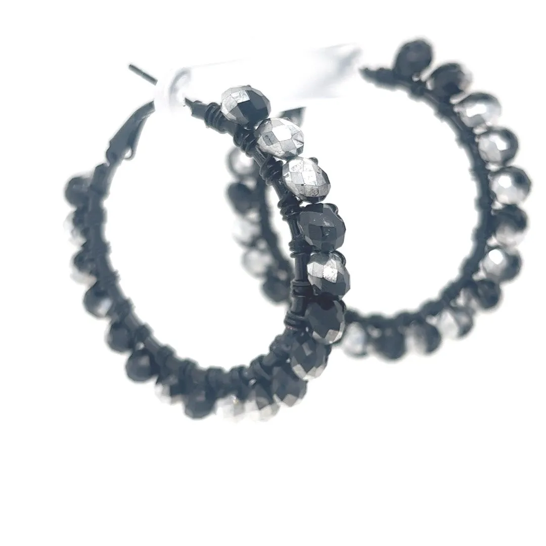 Black & Silver Beaded Black Hoop Earrings Medium