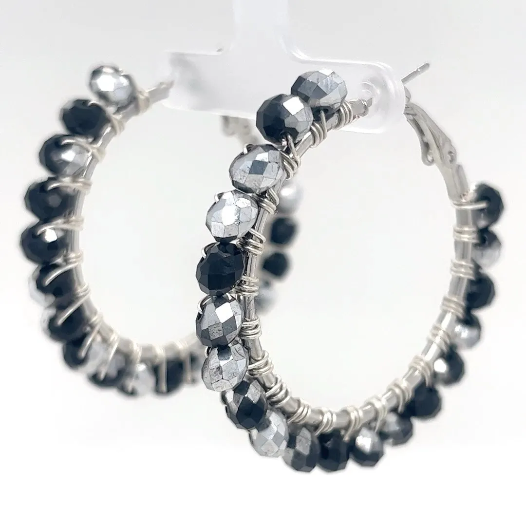 Black & Silver Beaded Silver Hoop Earrings Medium