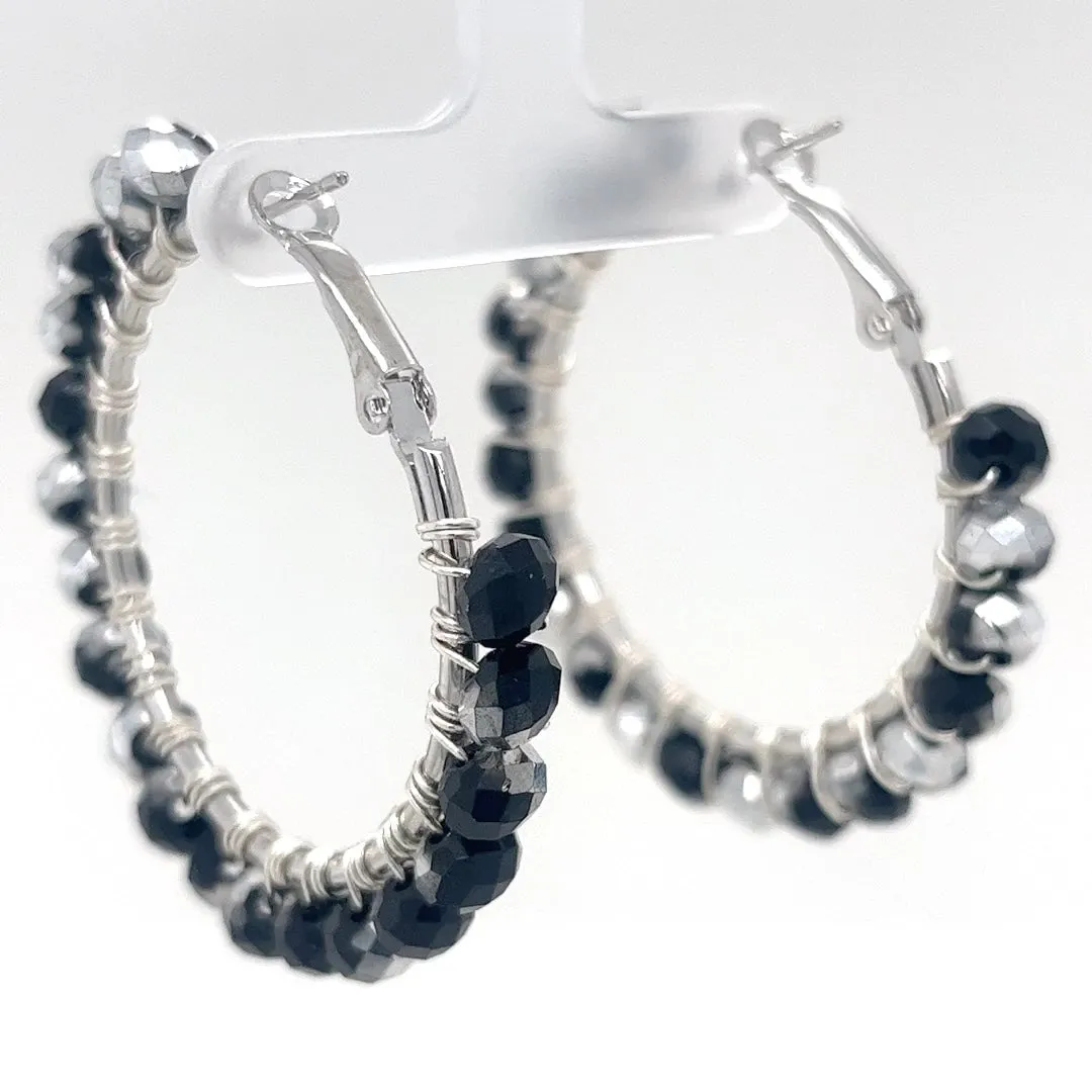 Black & Silver Beaded Silver Hoop Earrings Medium