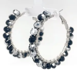 Black & Silver Beaded Silver Hoop Earrings Medium