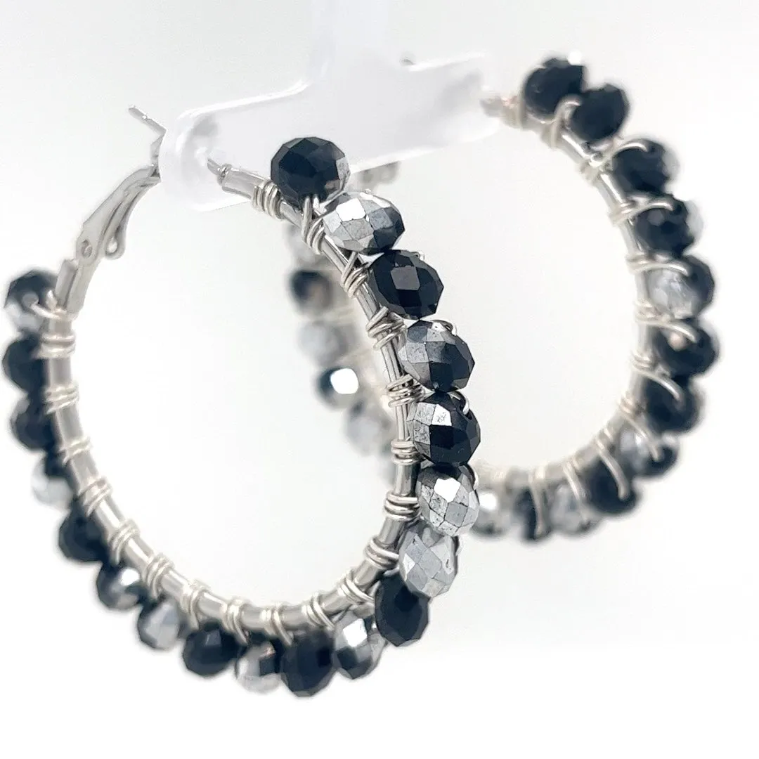 Black & Silver Beaded Silver Hoop Earrings Medium
