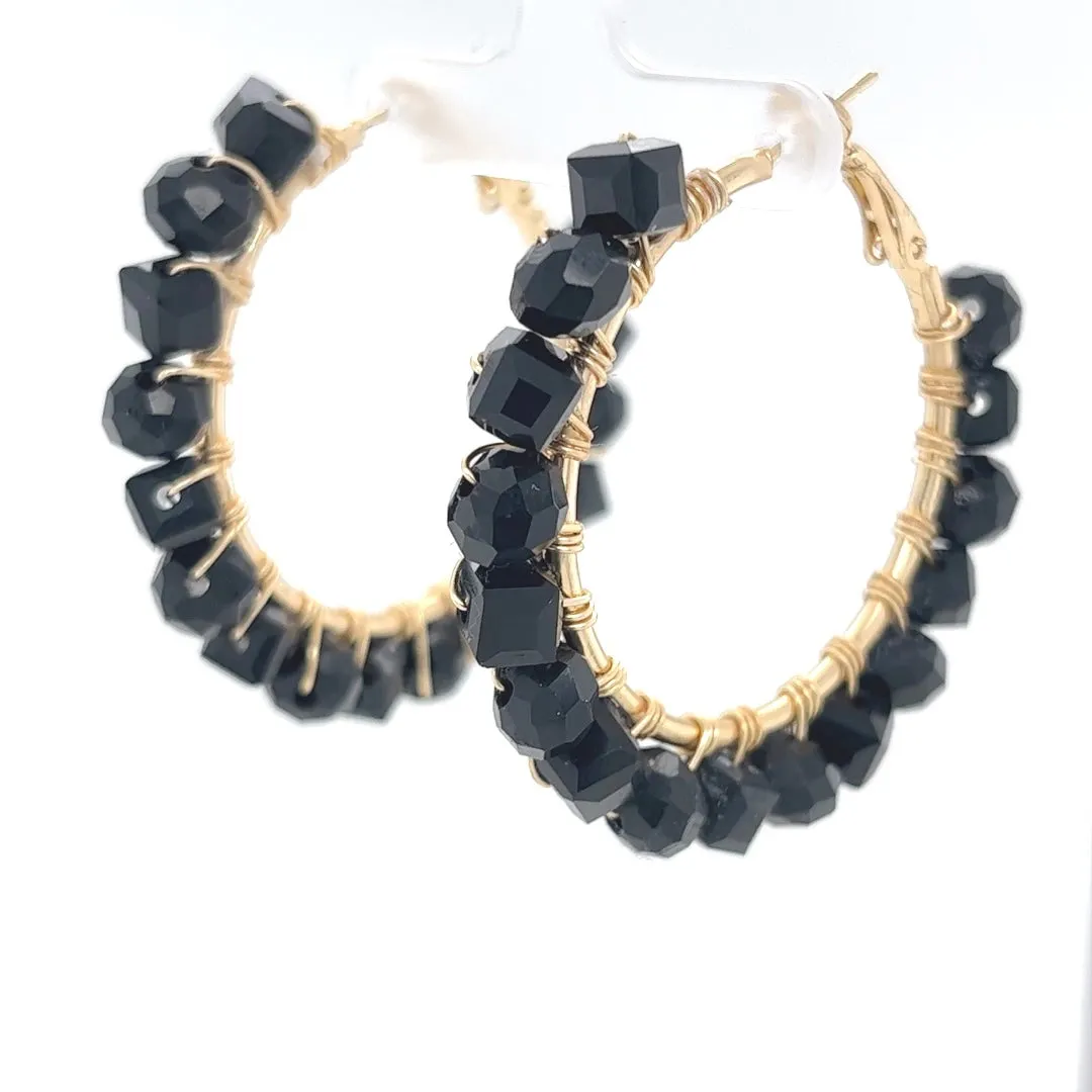 Black Beaded Gold Hoop Earrings Medium